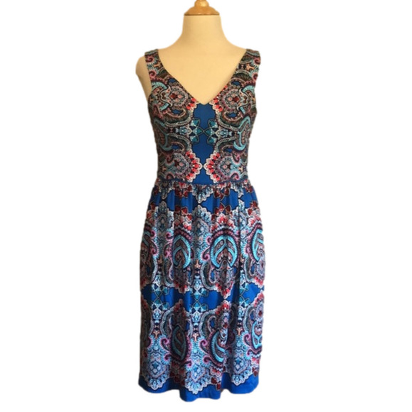 MAGGY LONDON Bold Blue Print Sleeveless Patrisha V-Neck Dress Size 2 - Picture 1 of 10